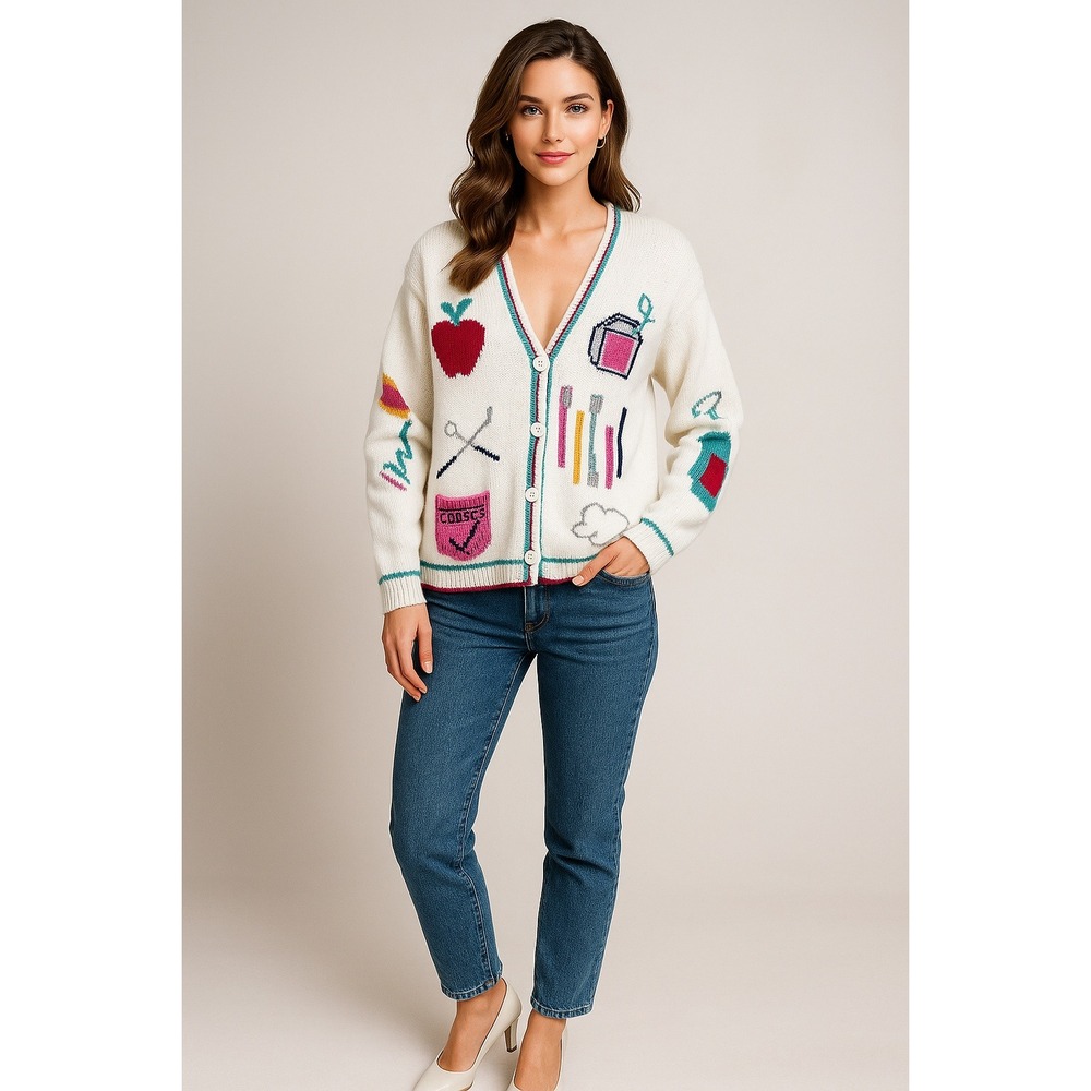 Fashionable Exclusive Cardigan Womens XL White Dental Quirky Funky Artsy Sweater